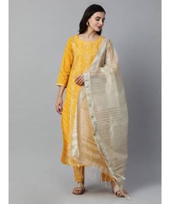 Indo Era Yellow Bandhani Printed Straight Kurta Pant with Dupatta Sets 4