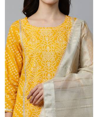 Indo Era Yellow Bandhani Printed Straight Kurta Pant with Dupatta Sets 6