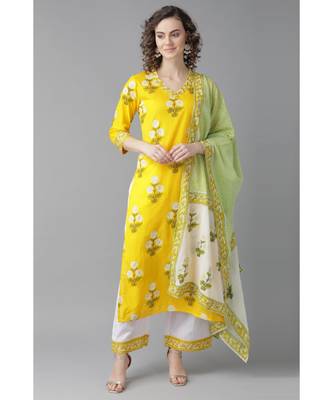 Indo Era Yellow Khari Printed Straight Kurta with Palazzo Sets 1
