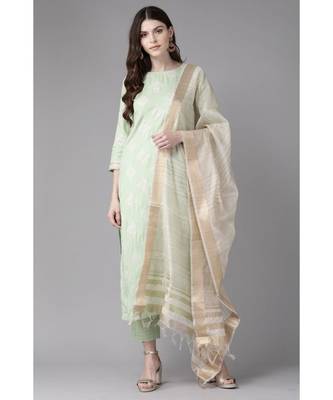 Indo Era Green Foil Printed Straight Kurta with Pant Set 1