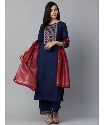 Indo Era Navy Blue Solid Straight Kurta Palazzo with Dupatta Set 1