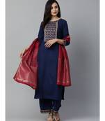 Indo Era Navy Blue Solid Straight Kurta Palazzo with Dupatta Set