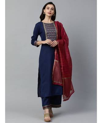 Indo Era Navy Blue Solid Straight Kurta Palazzo with Dupatta Set 2