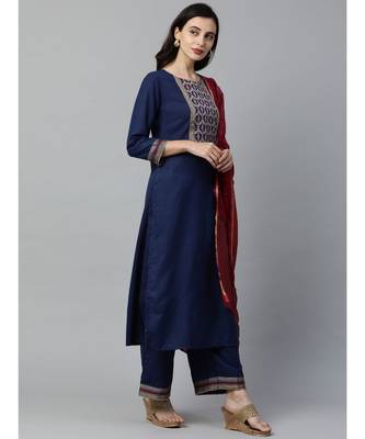 Indo Era Navy Blue Solid Straight Kurta Palazzo with Dupatta Set 3
