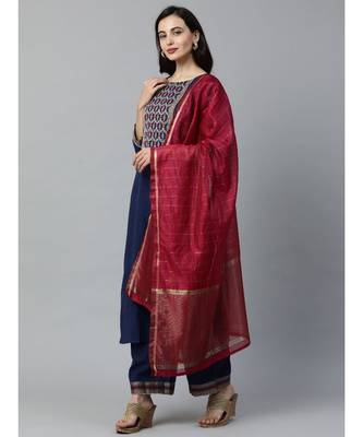 Indo Era Navy Blue Solid Straight Kurta Palazzo with Dupatta Set 4