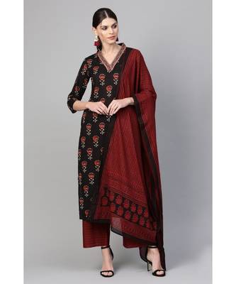 Indo Era Black Floral Printed Straight Kurta with Palazzo Set 1