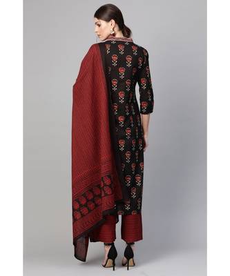 Indo Era Black Floral Printed Straight Kurta with Palazzo Set 2