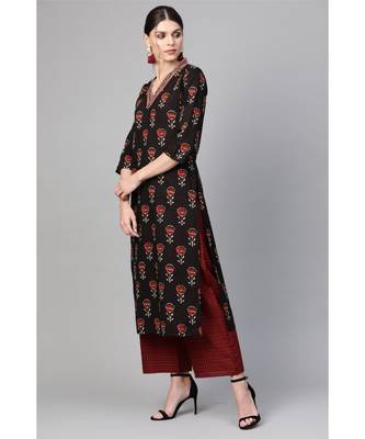 Indo Era Black Floral Printed Straight Kurta with Palazzo Set 3