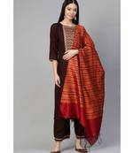 Indo Era Brown Solid Straight Kurta Palazzo with Dupatta Set