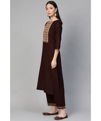 Indo Era Brown Solid Straight Kurta Palazzo with Dupatta Set 2
