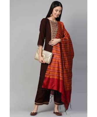 Indo Era Brown Solid Straight Kurta Palazzo with Dupatta Set 3