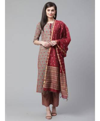 Indo Era Grey Foil Printed Straight Kurta Palazzo with Dupatta Set 1