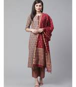 Indo Era Grey Foil Printed Straight Kurta Palazzo with Dupatta Set