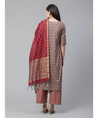 Indo Era Grey Foil Printed Straight Kurta Palazzo with Dupatta Set 2