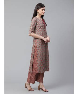 Indo Era Grey Foil Printed Straight Kurta Palazzo with Dupatta Set 3
