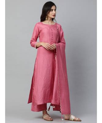 Indo Era Pink Solid Kurta Palazzo with Dupatta Set 3