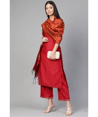 Indo Era Maroon Solid Straight Kurta Palazzo with Dupatta Set 3