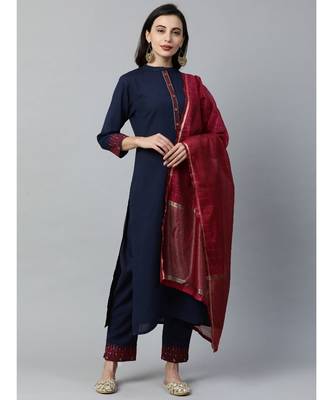 Indo Era Navy Blue Embroidered Straight Kurta Pant with Dupatta Sets 1