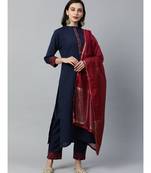 Indo Era Navy Blue Embroidered Straight Kurta Pant with Dupatta Sets