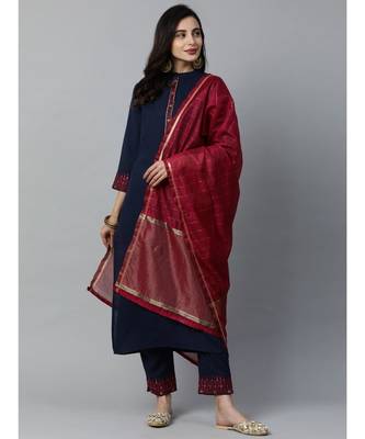 Indo Era Navy Blue Embroidered Straight Kurta Pant with Dupatta Sets 2