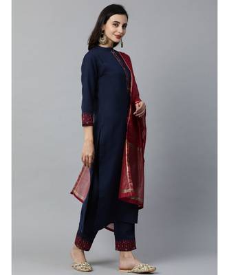 Indo Era Navy Blue Embroidered Straight Kurta Pant with Dupatta Sets 3
