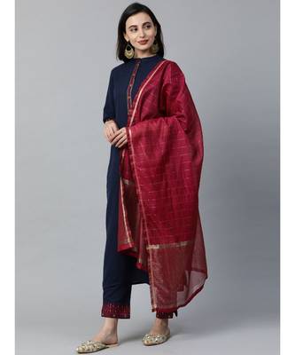 Indo Era Navy Blue Embroidered Straight Kurta Pant with Dupatta Sets 4