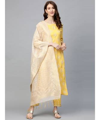 Indo Era Yellow Foil Printed Straight Kurta with Pant Set 1
