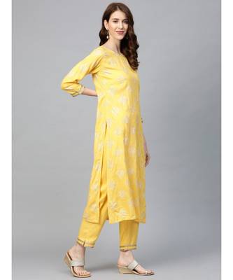 Indo Era Yellow Foil Printed Straight Kurta with Pant Set 2