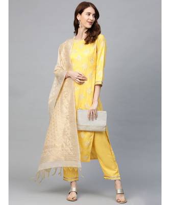 Indo Era Yellow Foil Printed Straight Kurta with Pant Set 3
