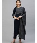 Indo Era Navy Blue Solid Straight Kurta Trouser With Dupatta Sets