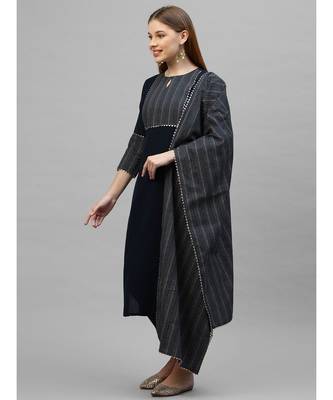 Indo Era Navy Blue Solid Straight Kurta Trouser With Dupatta Sets 2