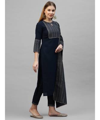 Indo Era Navy Blue Solid Straight Kurta Trouser With Dupatta Sets 3