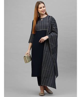 Indo Era Navy Blue Solid Straight Kurta Trouser With Dupatta Sets 4