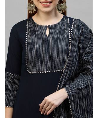 Indo Era Navy Blue Solid Straight Kurta Trouser With Dupatta Sets 5