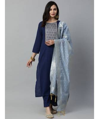 Indo Era Navy Blue Solid Straight Kurta Palazzo with Dupatta Set 1