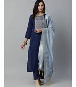 Indo Era Navy Blue Solid Straight Kurta Palazzo with Dupatta Set
