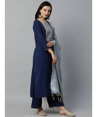Indo Era Navy Blue Solid Straight Kurta Palazzo with Dupatta Set 2