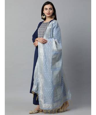 Indo Era Navy Blue Solid Straight Kurta Palazzo with Dupatta Set 3