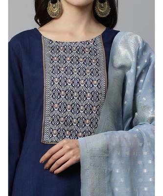 Indo Era Navy Blue Solid Straight Kurta Palazzo with Dupatta Set 4