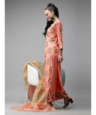 Indo Era Peach Foil Printed Straight Kurta with Palazzo Sets 2