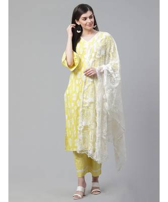 Indo Era Yellow Foil Printed Straight Kurta Palazzo with Dupatta Set 1