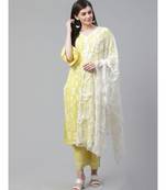 Indo Era Yellow Foil Printed Straight Kurta Palazzo with Dupatta Set
