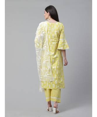 Indo Era Yellow Foil Printed Straight Kurta Palazzo with Dupatta Set 2
