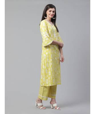 Indo Era Yellow Foil Printed Straight Kurta Palazzo with Dupatta Set 3