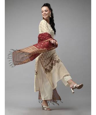 Indo Era Cream Foil Printed Straight Kurta Palazzo with Dupatta Sets 1