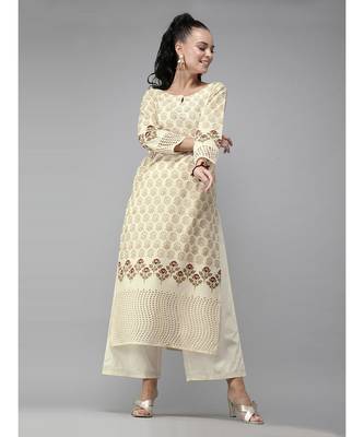 Indo Era Cream Foil Printed Straight Kurta Palazzo with Dupatta Sets 2