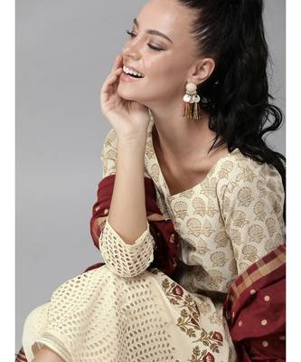 Indo Era Cream Foil Printed Straight Kurta Palazzo with Dupatta Sets 3