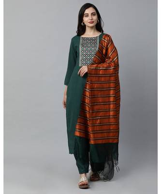 Indo Era Green Solid Straight Kurta Palazzo with Dupatta Set 1