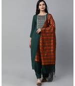 Indo Era Green Solid Straight Kurta Palazzo with Dupatta Set