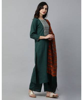 Indo Era Green Solid Straight Kurta Palazzo with Dupatta Set 2